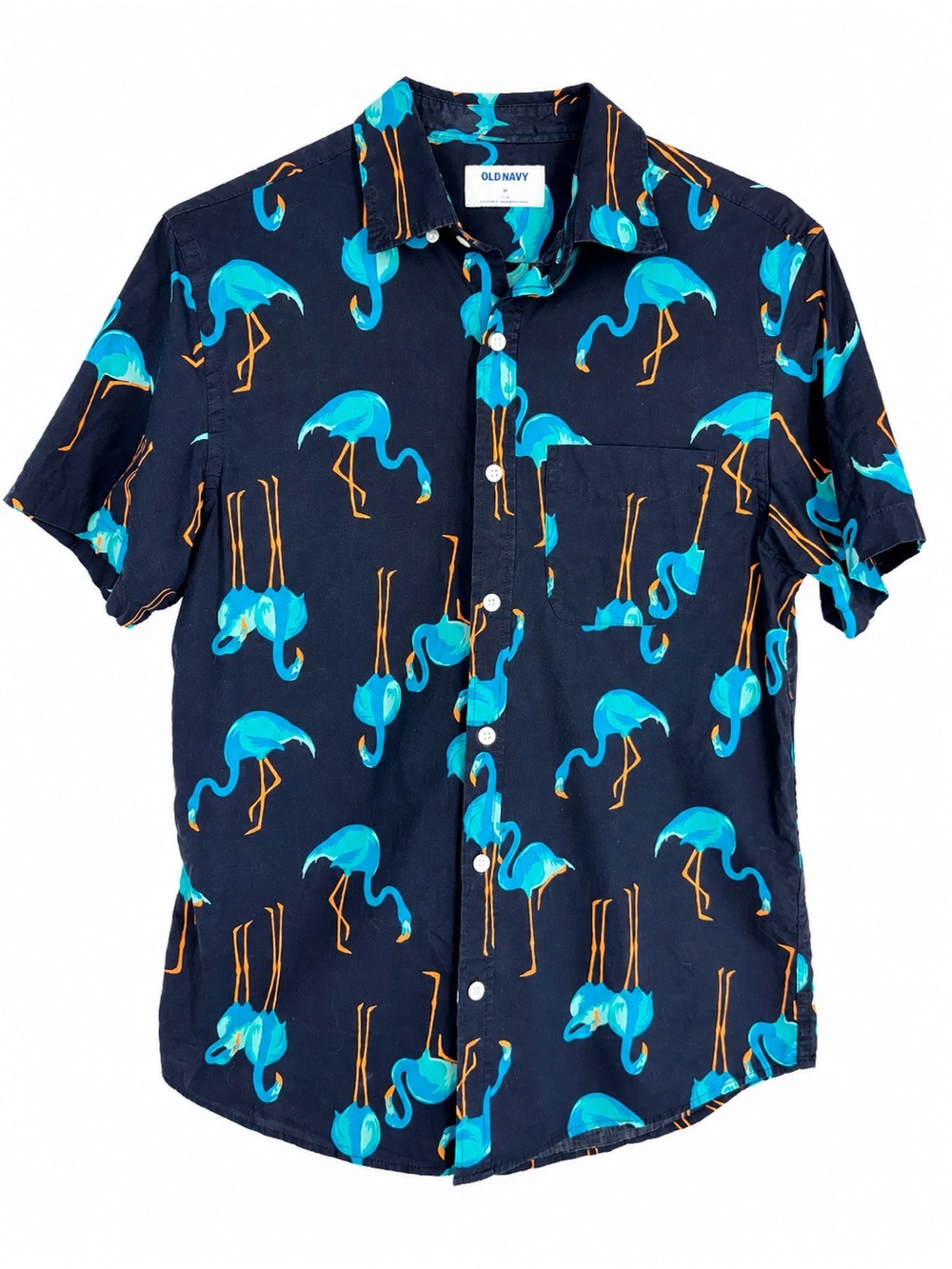Old Navy Flamingo Print Button Up Shirt Men’s Small Blue Tropical Built-In Flex